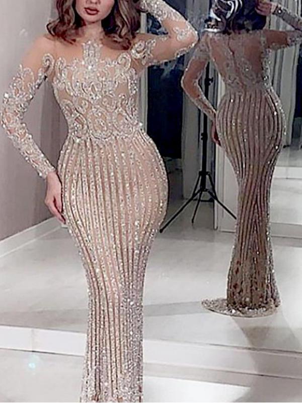 Silver Rhinestone Sheer Bodycon Long Sleeve Elegant Maxi Dress - Image 2