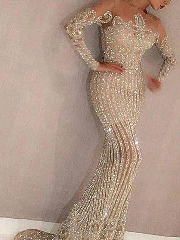 Silver Rhinestone Sheer Bodycon Long Sleeve Elegant Maxi Dress - Image 3