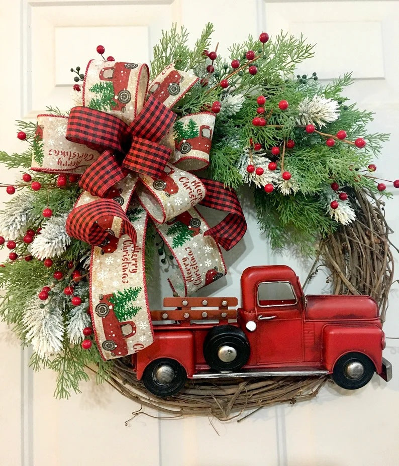 Red Farmhouse Truck Outdoor Christmas Wreath Winter Wreath - Image 2