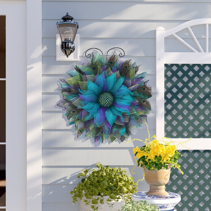 Peacock Pattern Burlap Sunflower Wreath Outdoor Summer Wreaths For Front Door - Image 5