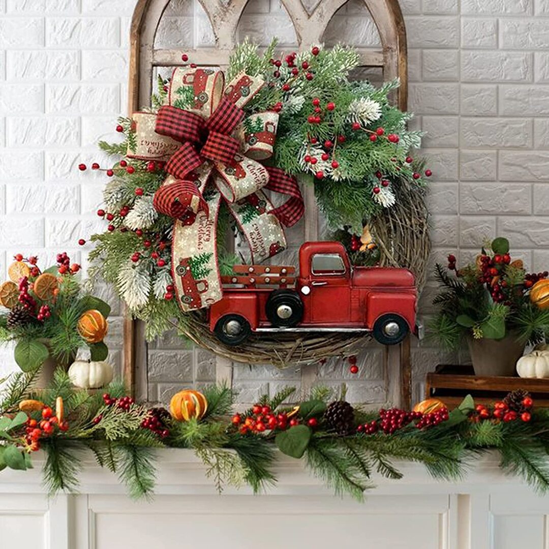 Red Farmhouse Truck Outdoor Christmas Wreath Winter Wreath - Image 4