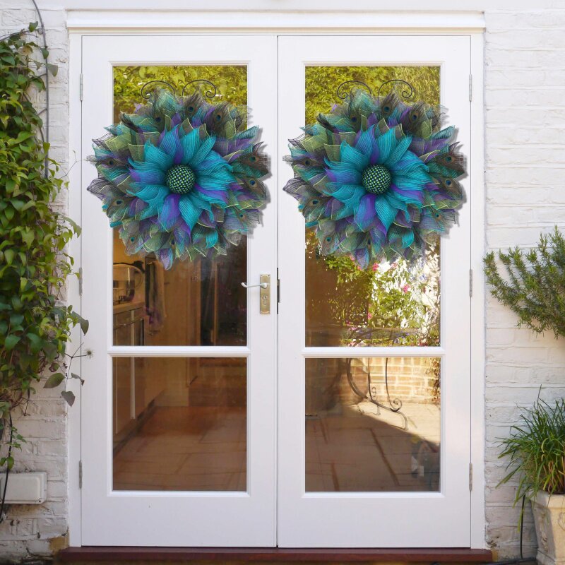 Peacock Pattern Burlap Sunflower Wreath Outdoor Summer Wreaths For Front Door - Image 4