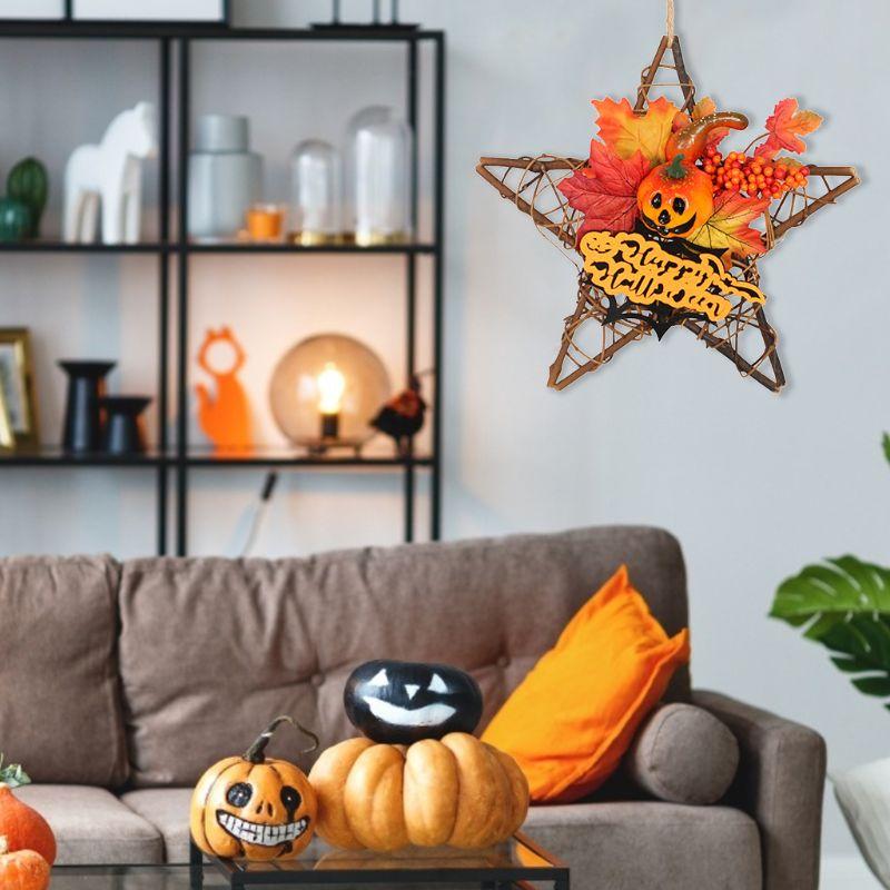 Wooden Halloween Decoration Star Hanging Ornament Wreath - Image 6