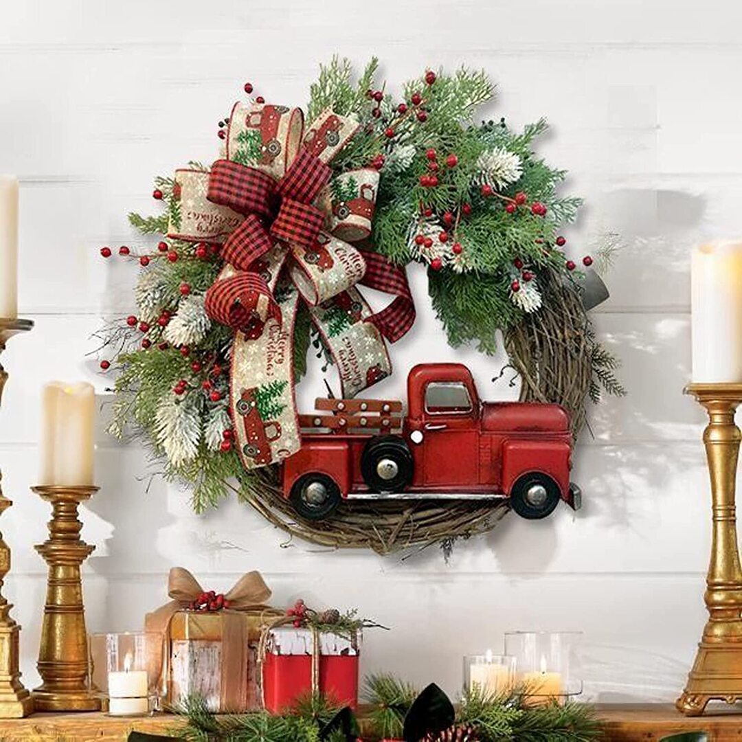 Red Farmhouse Truck Outdoor Christmas Wreath Winter Wreath