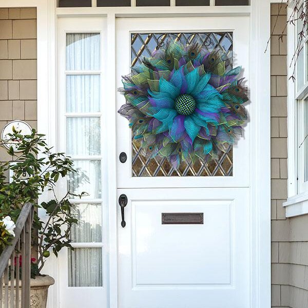 Peacock Pattern Burlap Sunflower Wreath Outdoor Summer Wreaths For Front Door - Image 6