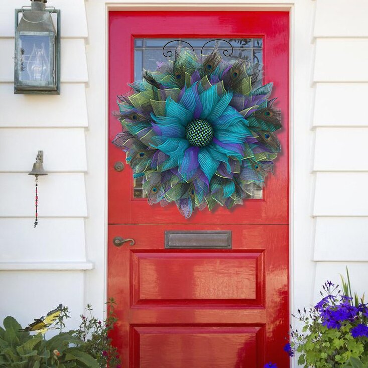 Peacock Pattern Burlap Sunflower Wreath Outdoor Summer Wreaths For Front Door - Image 3