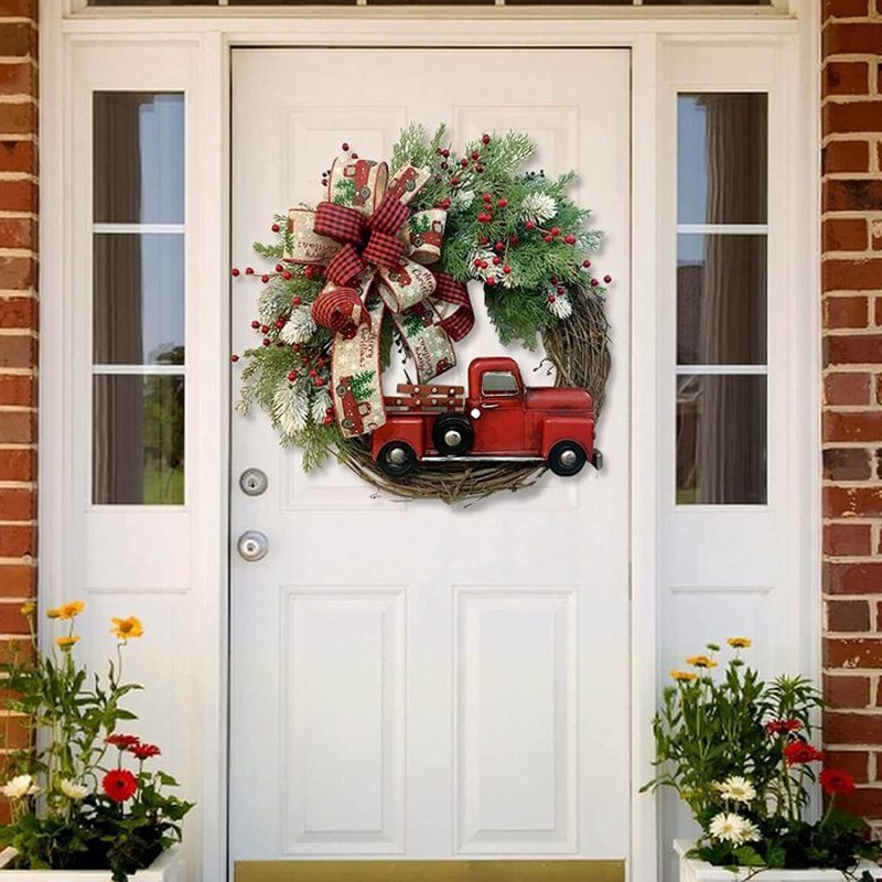 Red Farmhouse Truck Outdoor Christmas Wreath Winter Wreath - Image 3