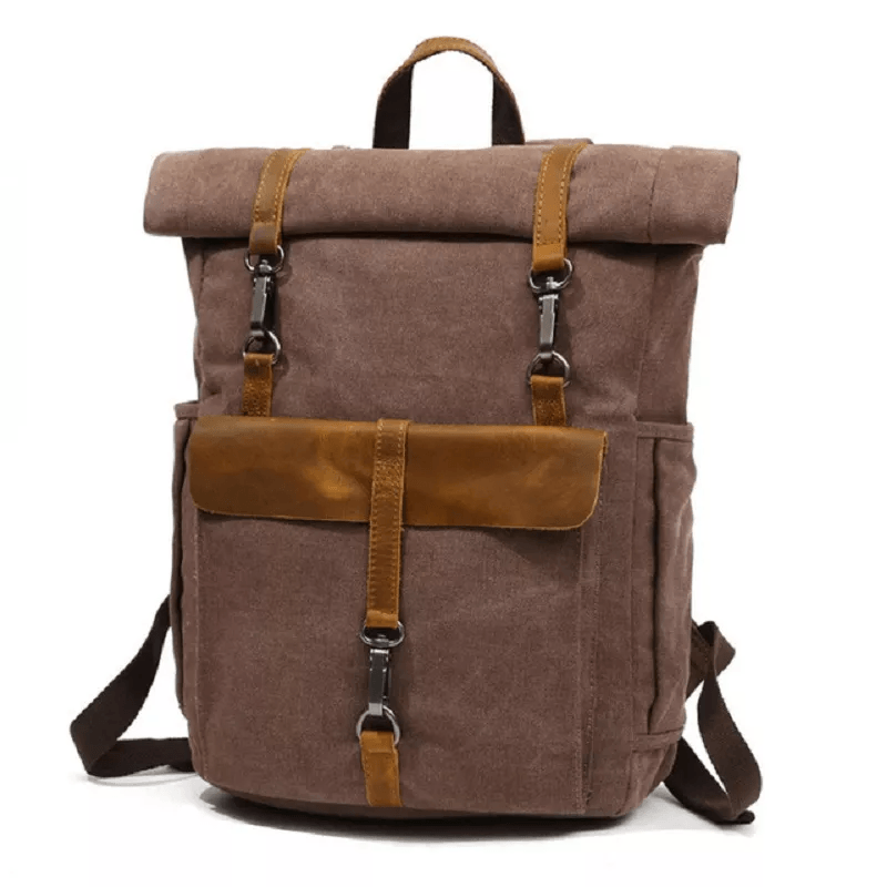 Canvas and Leather Roll-Top Vintage Backpack - Image 2