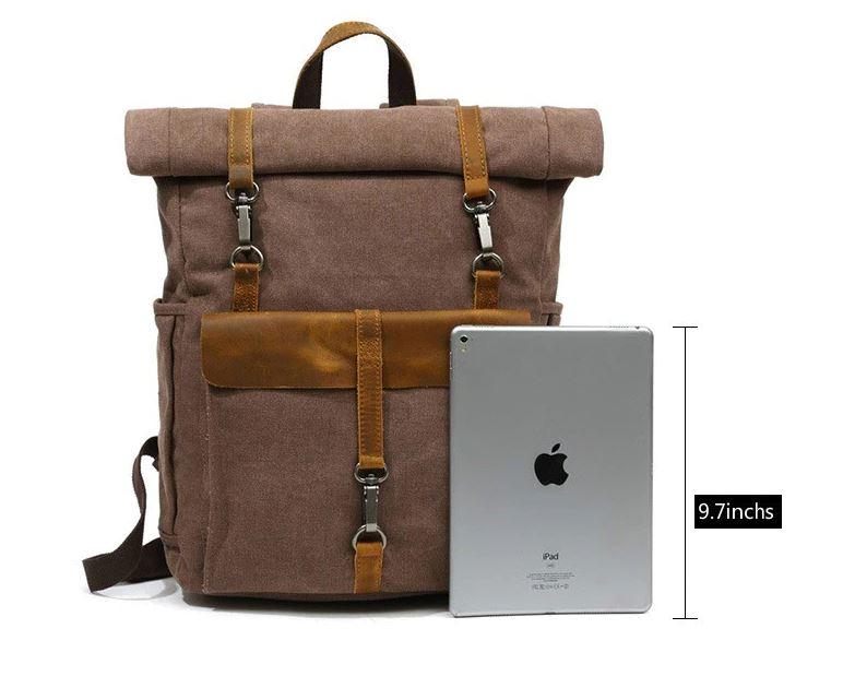 Canvas and Leather Roll-Top Vintage Backpack - Image 12