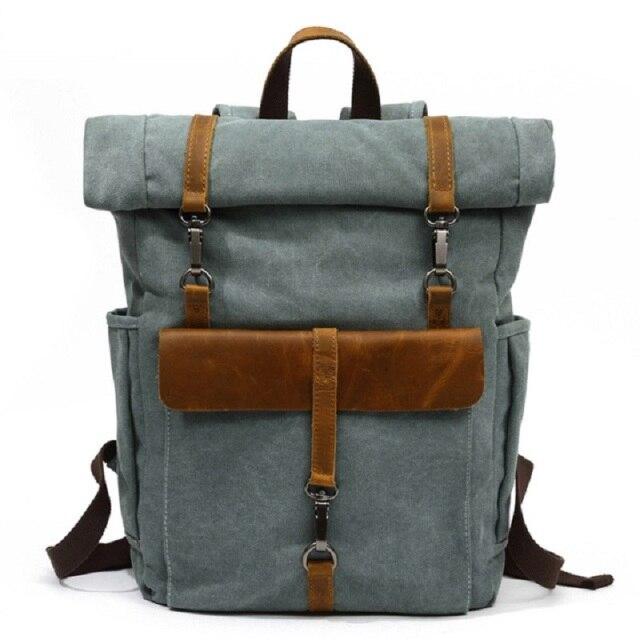 Canvas and Leather Roll-Top Vintage Backpack - Image 17