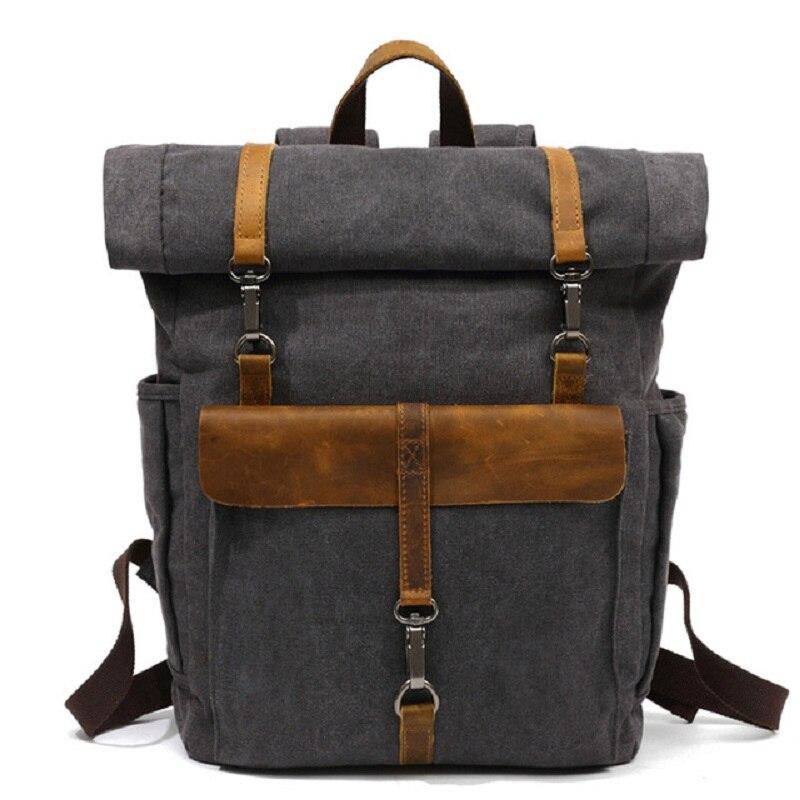Canvas and Leather Roll-Top Vintage Backpack - Image 5