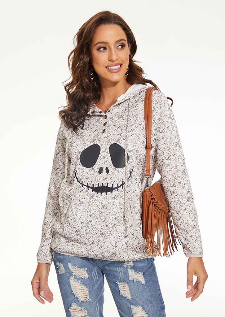 Jack Skellington Face Print Gray Christmas Hoodie - Image 5