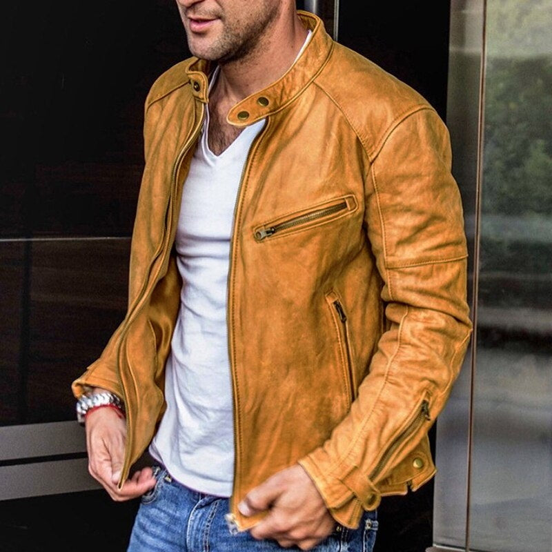 Stand Collar Punk Men's Biker Vintage Leather Jacket - Image 2