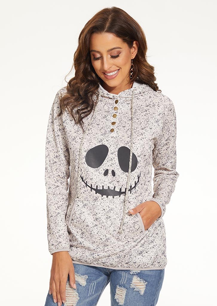 Jack Skellington Face Print Gray Christmas Hoodie - Image 4