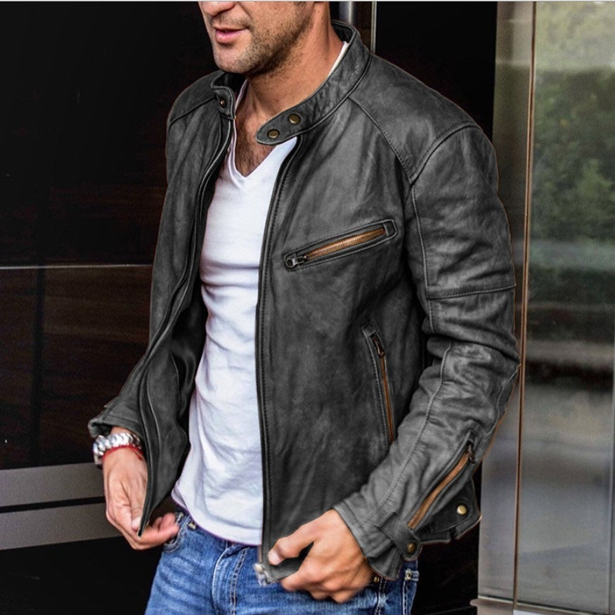 Stand Collar Punk Men's Biker Vintage Leather Jacket - Image 3