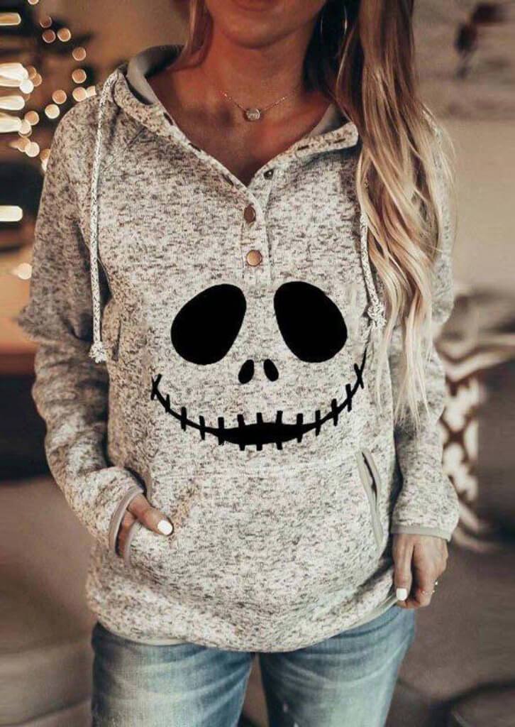 Jack Skellington Face Print Gray Christmas Hoodie - Image 8