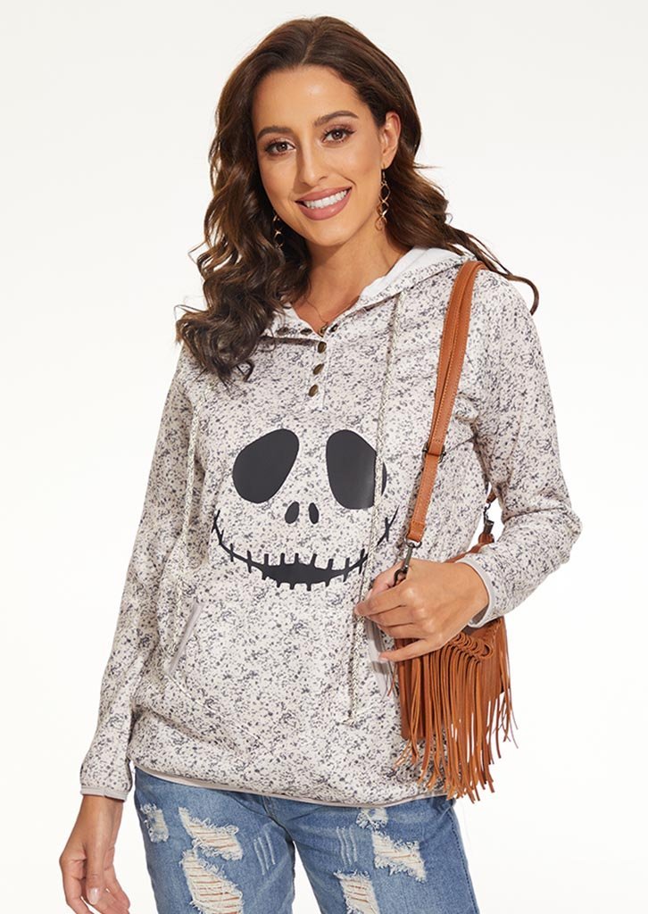 Jack Skellington Face Print Gray Christmas Hoodie