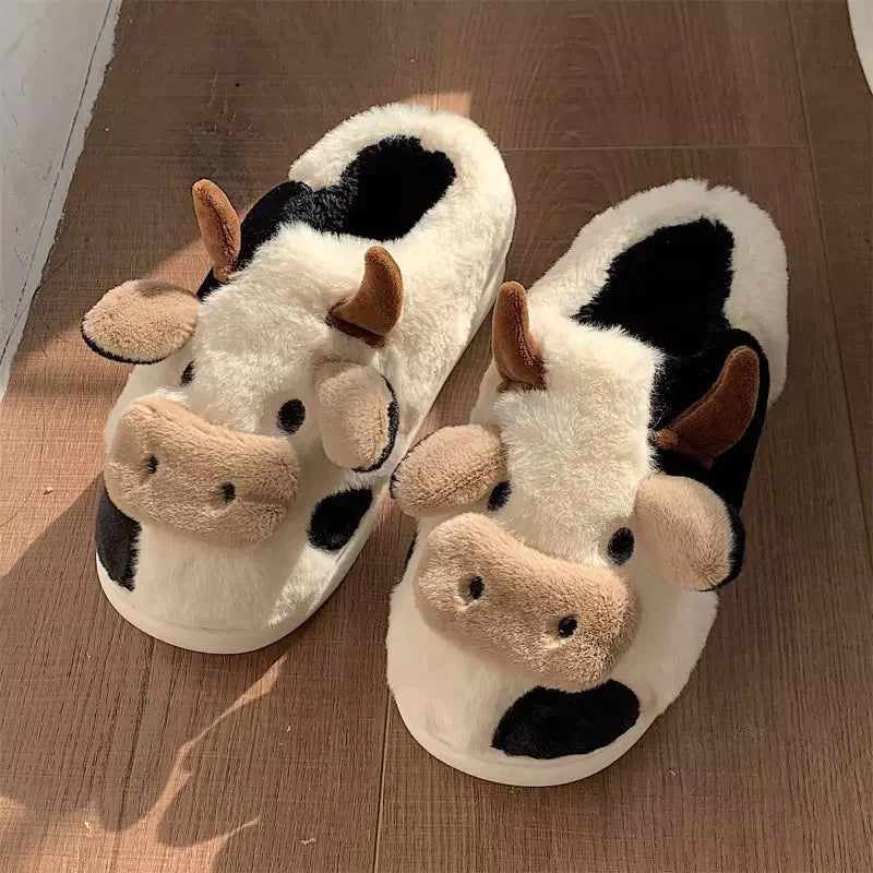 Furry cow house slippers