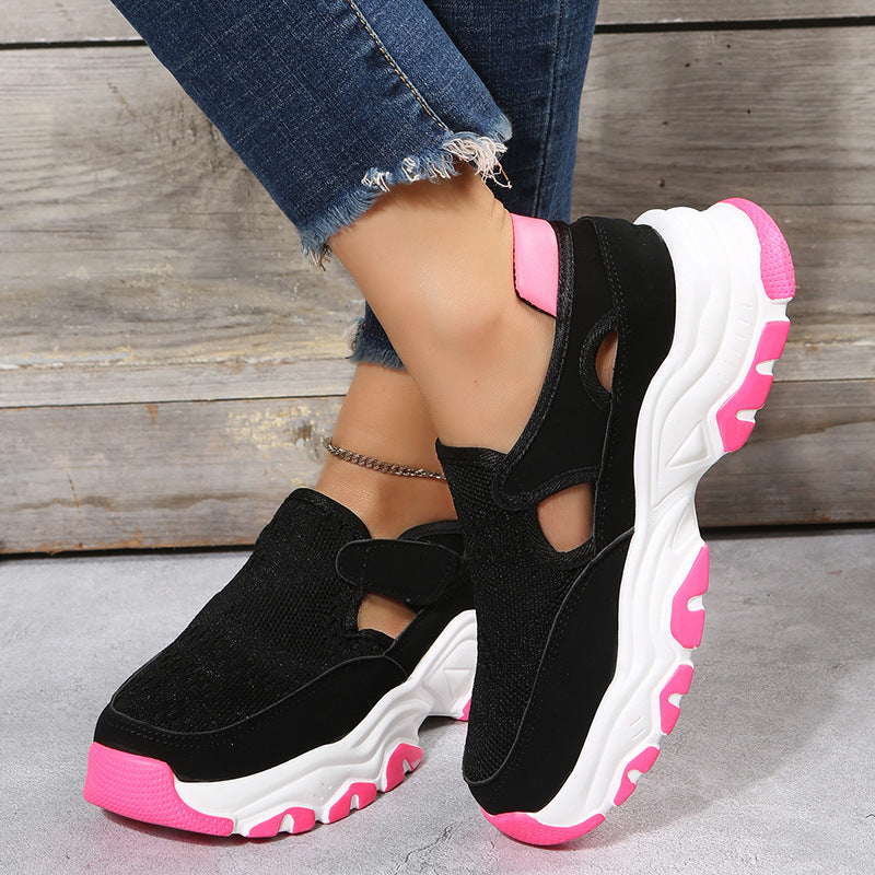 Mesh Cloth Thick Sole Solid Color Velcro Round Toe Sports Style Sneakers - Image 4