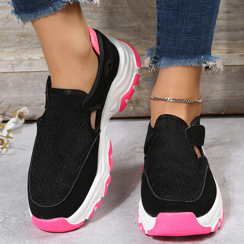 Mesh Cloth Thick Sole Solid Color Velcro Round Toe Sports Style Sneakers - Image 2