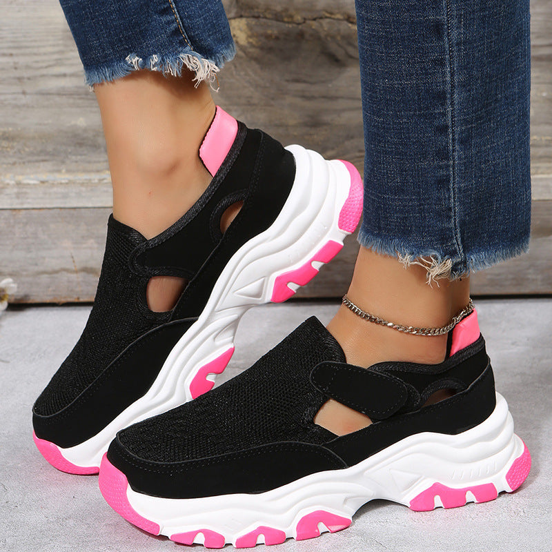 Mesh Cloth Thick Sole Solid Color Velcro Round Toe Sports Style Sneakers