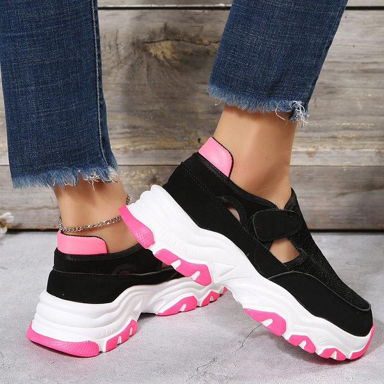 Mesh Cloth Thick Sole Solid Color Velcro Round Toe Sports Style Sneakers - Image 6