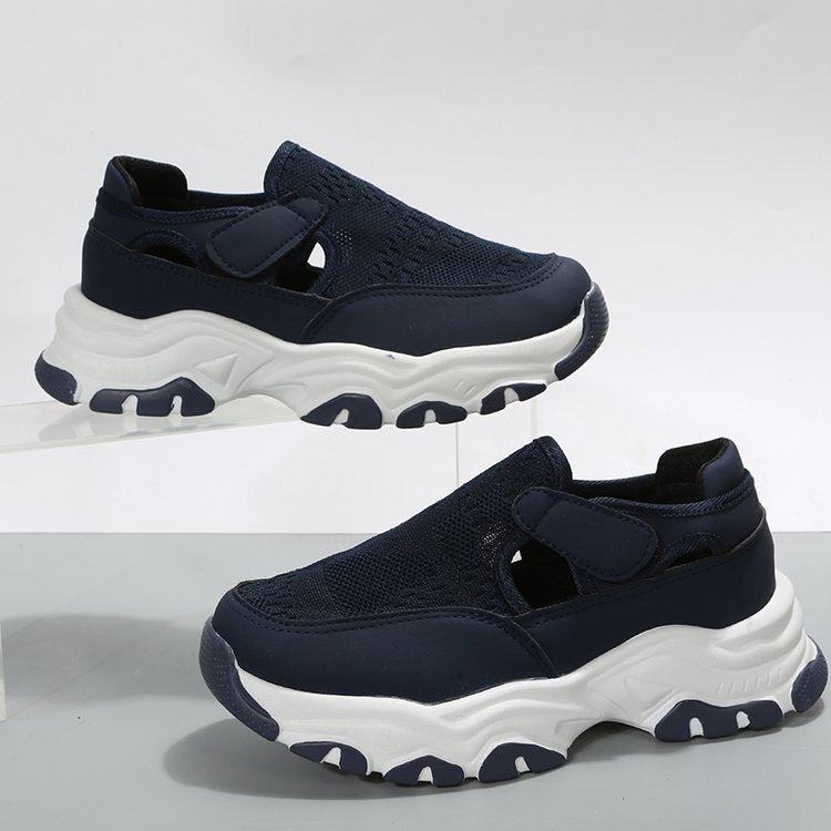 Mesh Cloth Thick Sole Solid Color Velcro Round Toe Sports Style Sneakers - Image 5