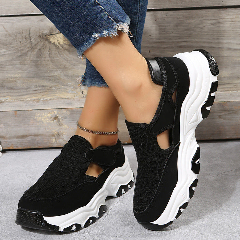 Mesh Cloth Thick Sole Solid Color Velcro Round Toe Sports Style Sneakers - Image 8