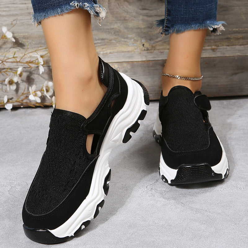 Mesh Cloth Thick Sole Solid Color Velcro Round Toe Sports Style Sneakers - Image 10