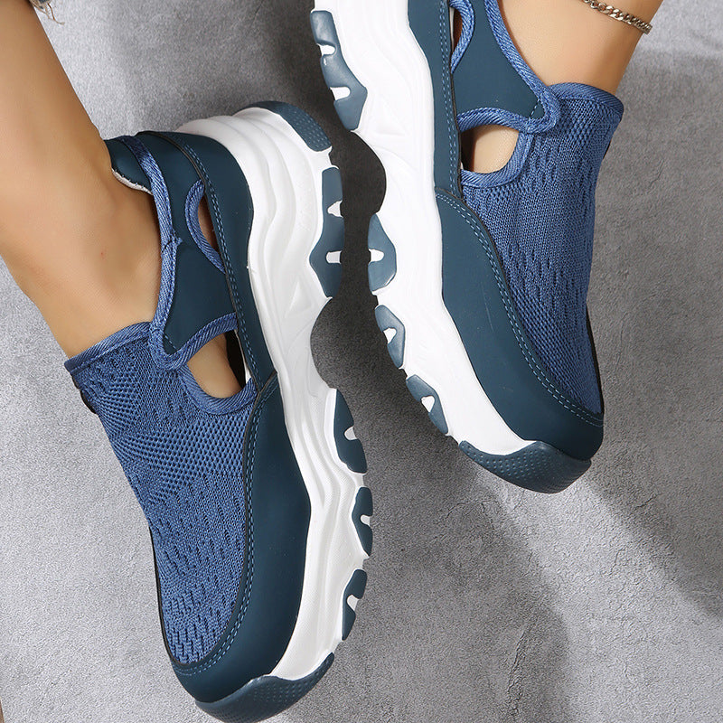 Mesh Cloth Thick Sole Solid Color Velcro Round Toe Sports Style Sneakers - Image 15