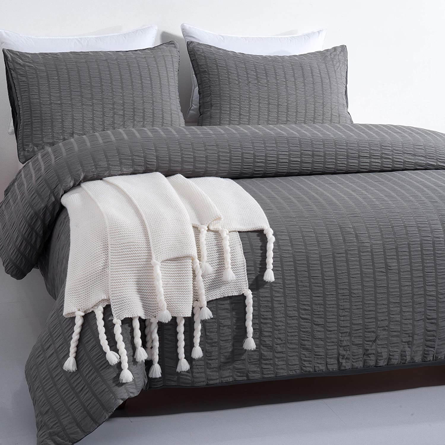 Nivtt Seersucker Washed Cotton Duvet Cover sets - Gray FULL/QUEEN/KING - Image 4