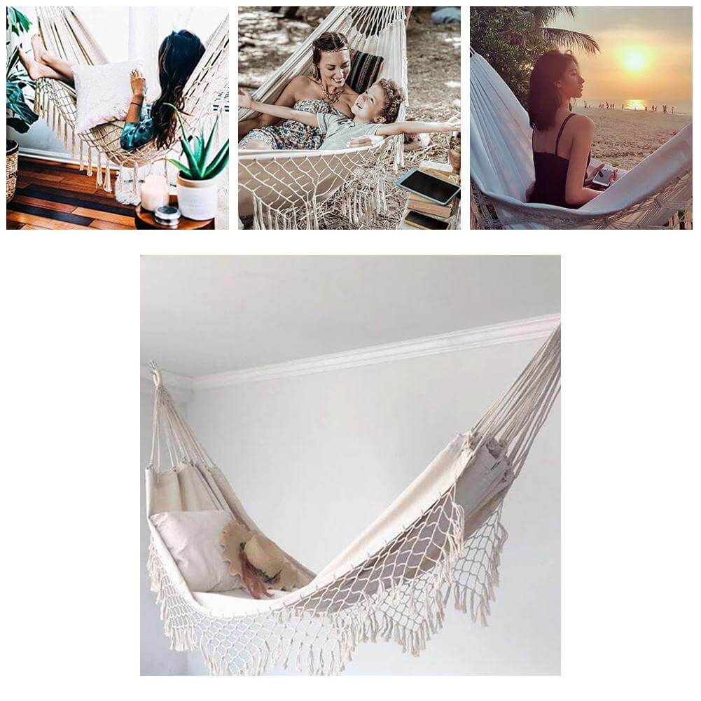 Nivtt Single Hammock, hand-woven Natural, Cotton Special Fringe - Image 11