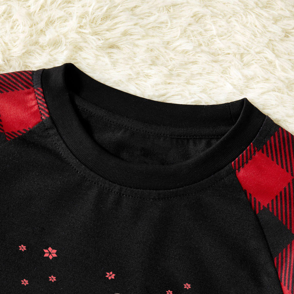 Christmas Gift Patterned and 'Merry Christmas' Letter Print Patterned Contrast Black top and Black & Red Plaid Pants Family Matching Pajamas Set - Image 3