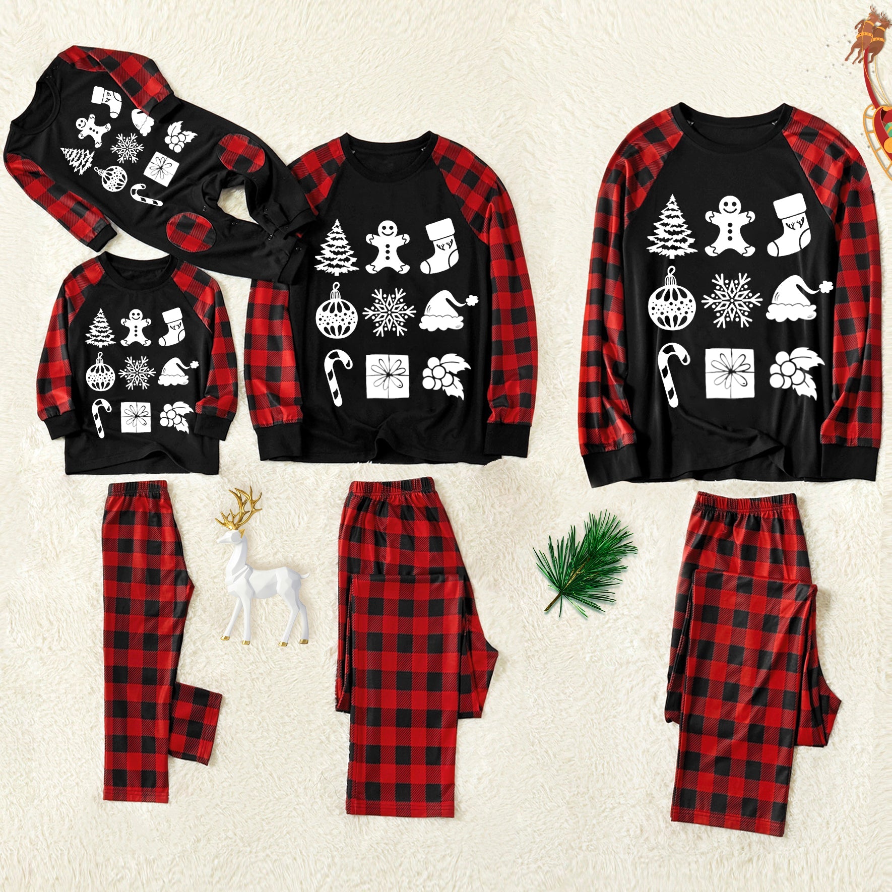 Christmas Christmas Ornament Pattern Print Patterned Contrast Black top and Black & Red Plaid Pants Family Matching Pajamas Set With Dog Bandana - Image 11