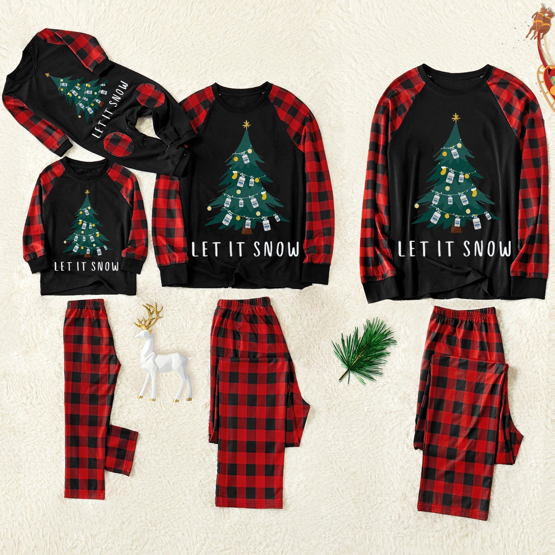 Christmas Light & Tree Patterned - Let it Snow- Letter Print Contrast Black top and Black & Red Plaid Pants Family Matching Pajamas Set With Dog Bandana - Image 11