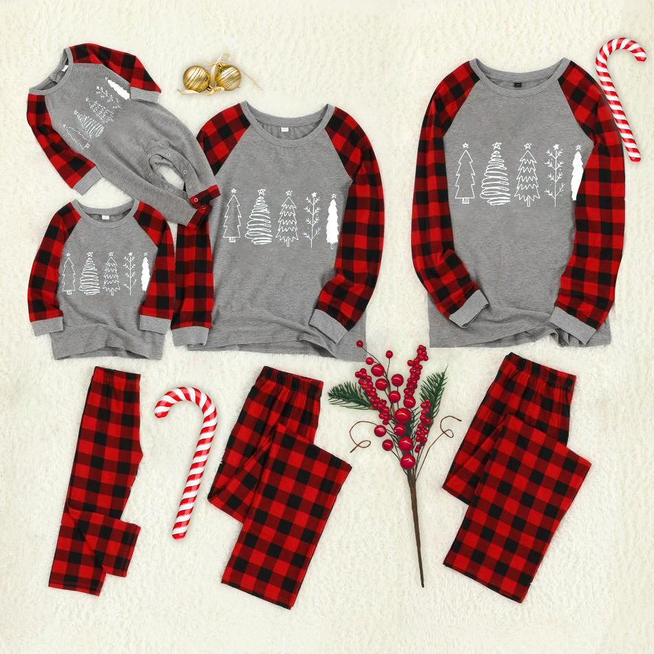 Multi- StylesChristmas Trees Patterned Grey Contrast Top and Black & Red Plaid Pants Family Matching Pajamas Set with Dog Bandana - Image 8
