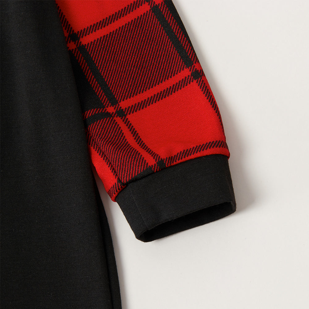 Christmas Gift Patterned and 'Merry Christmas' Letter Print Patterned Contrast Black top and Black & Red Plaid Pants Family Matching Pajamas Set - Image 7
