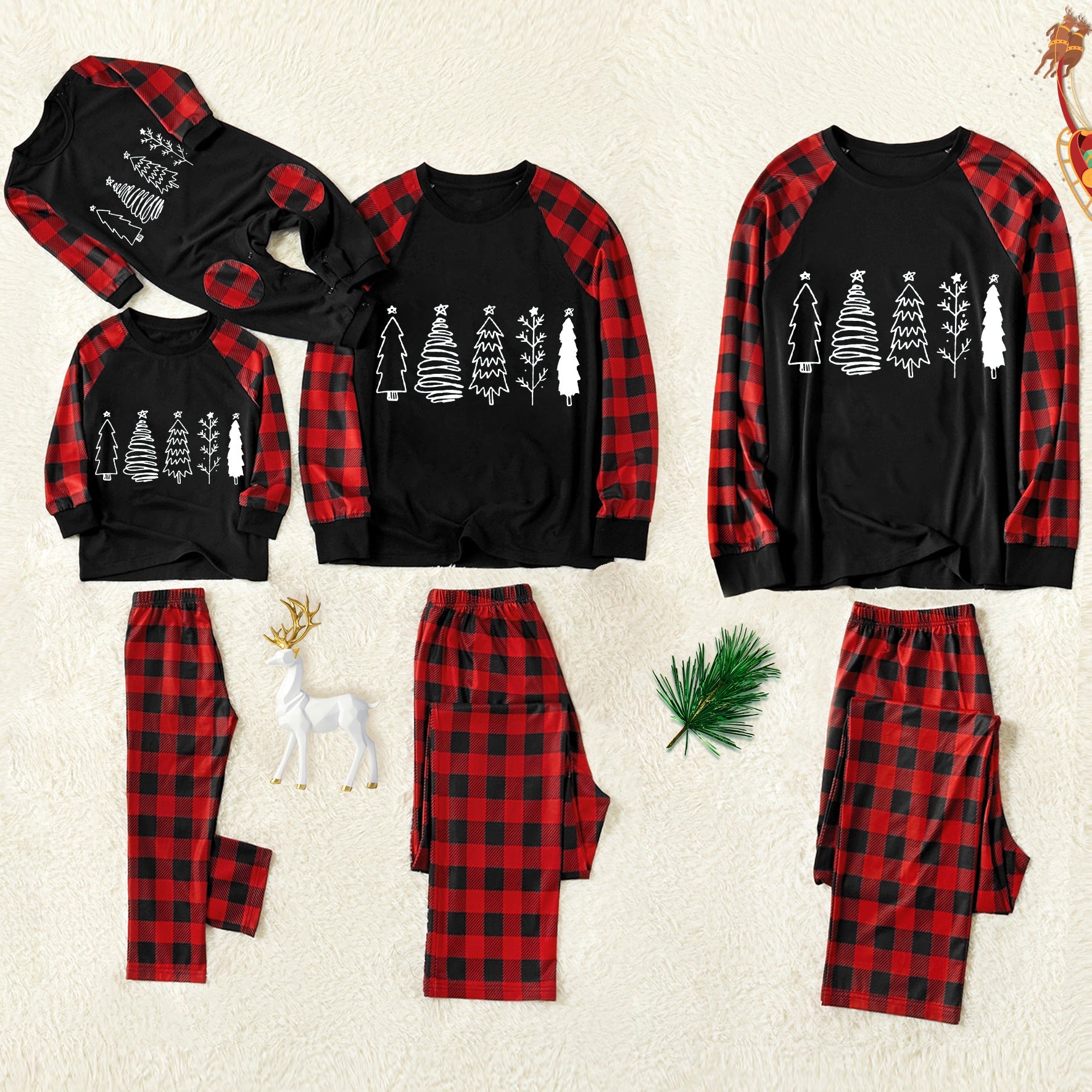Multi- Styles Christmas Trees Patterned Contrast Black Top and Black & Red Plaid Pants Family Matching Pajamas Set with Dog Bandana - Image 11
