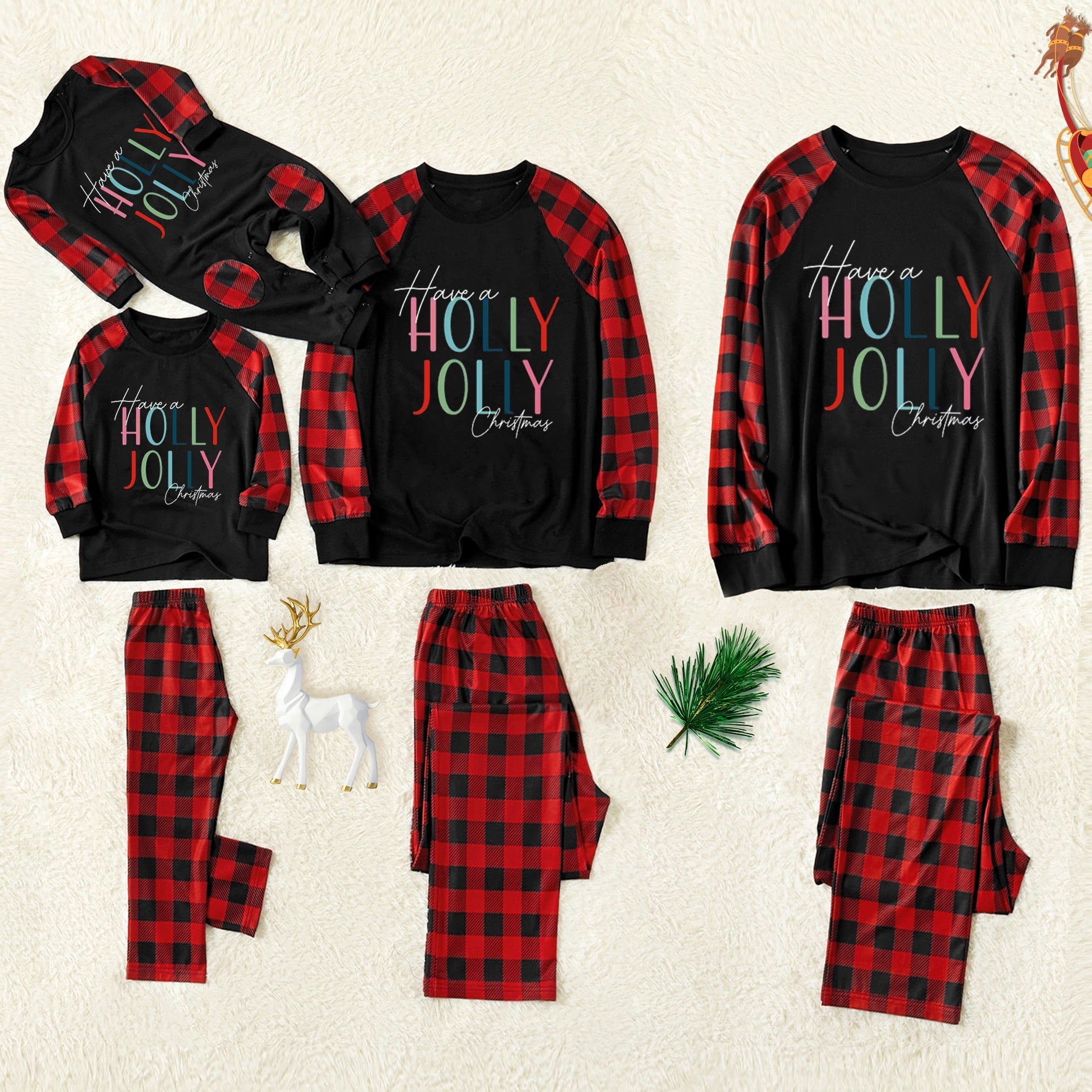 Have a Holly Jolly Christmas' Letter Print Patterned Contrast Black top and Black & Red Plaid Pants Family Matching Pajamas Set With Dog Bandana - Image 11