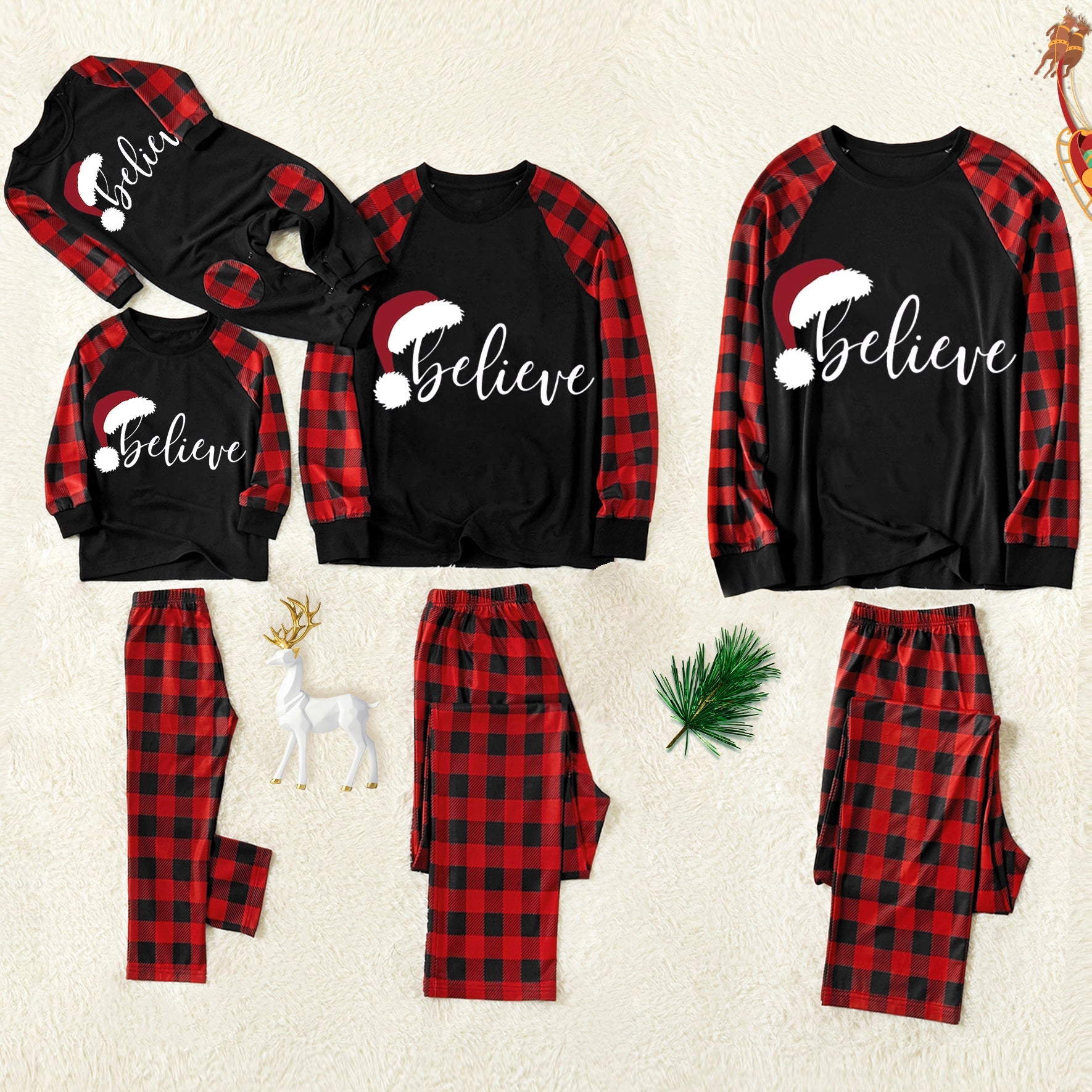 Christmas Hat and - Believe- Letter Print Patterned Contrast Black top and Black & Red Plaid Pants Family Matching Pajamas Set