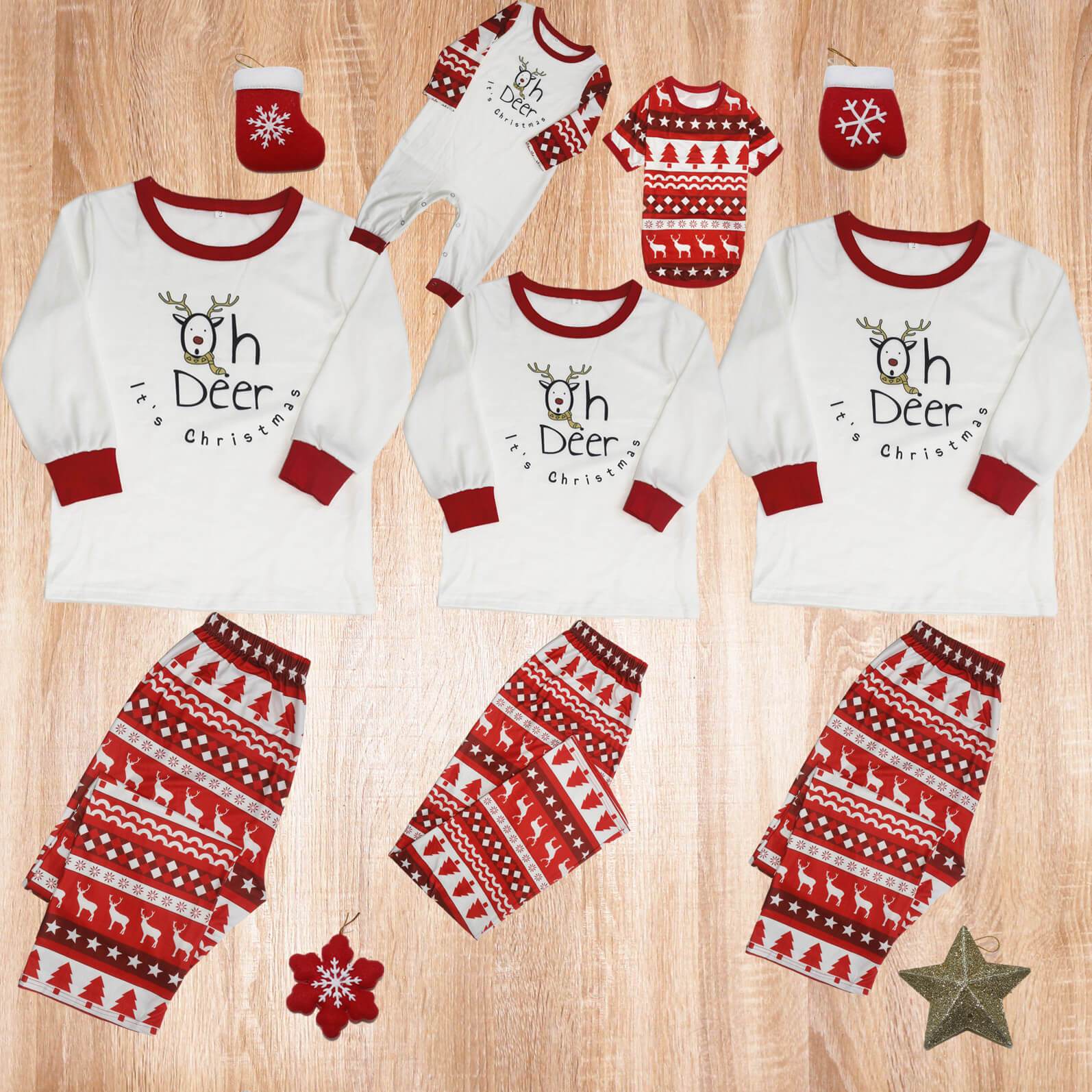 Oh Deer It's Chrismas' Letter Print top and Cute Cartoon Print Pants Family Matching Pajamas Set With Pet Pajamas