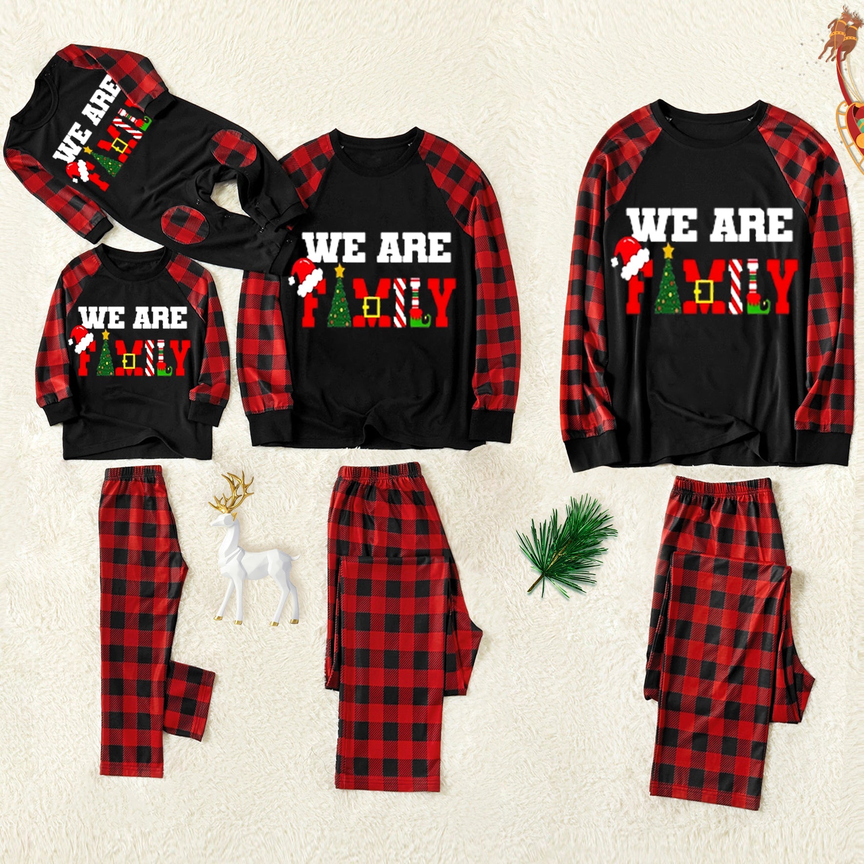 Christmas "We Are Family" Letter Print Patterned Contrast Black top and Black & Red Plaid Pants Family Matching Pajamas Set - Image 11