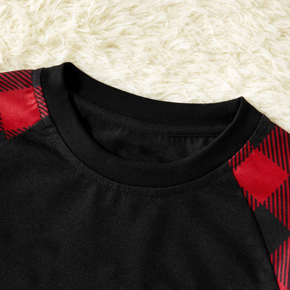 Multi- Styles Christmas Trees Patterned Contrast Black Top and Black & Red Plaid Pants Family Matching Pajamas Set with Dog Bandana - Image 2